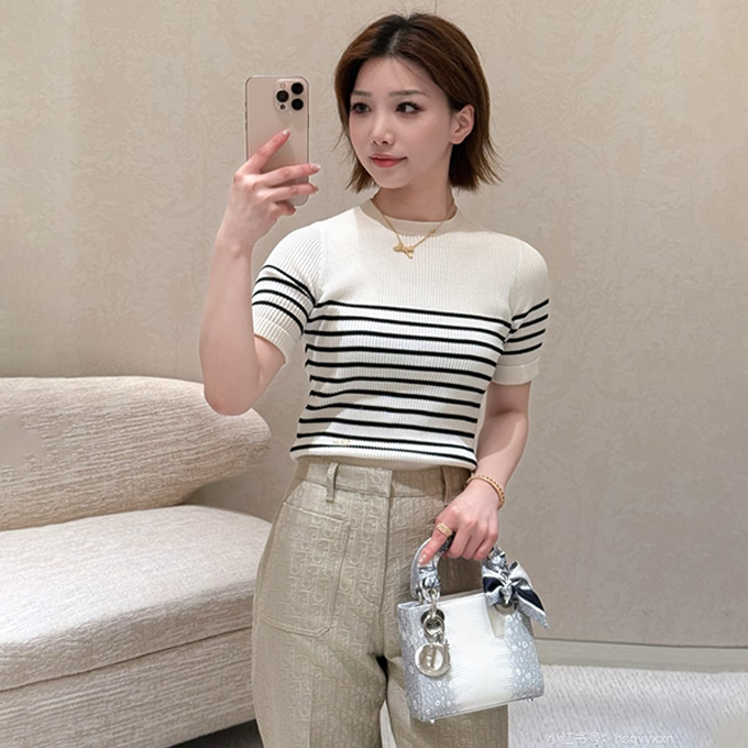 dior striped ribbed short sleeve knit top